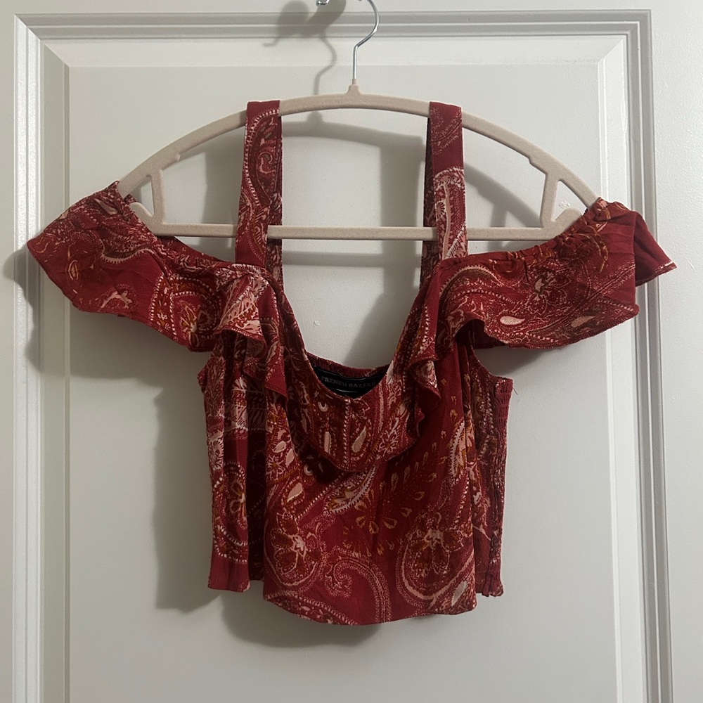 Paisley Off-Shoulder Red Crop Top